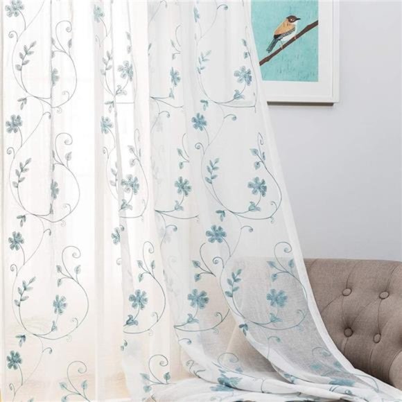 Simple White Feather Embroidery Sheer Voile Curtains Yarn Semi Basic Window Treatments Rod Pocket Voile Gauze Tulle Draperies For Living Kids Room Bedroom Balocny(1 Panel, W 50 X L 63 Inch